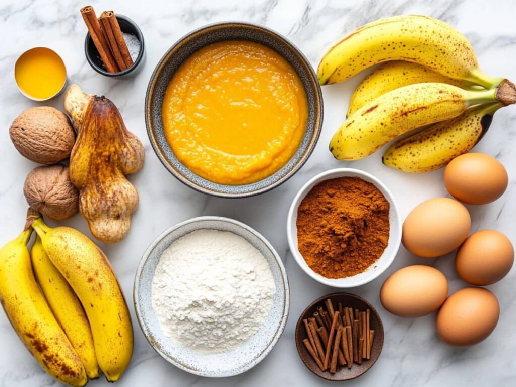 Ingredients arranged on table for Pumpkin Banana Loaf recipe