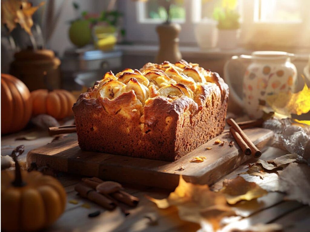 Warm Pumpkin Banana Loaf sliced on wooden board with autumn decor
