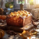 Warm Pumpkin Banana Loaf sliced on wooden board with autumn decor
