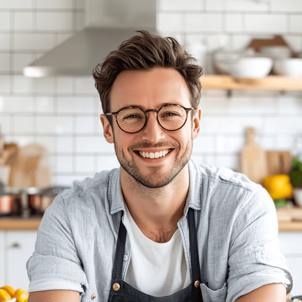 Young smiling chef wearing an apron in a modern kitchen with white tile backsplash